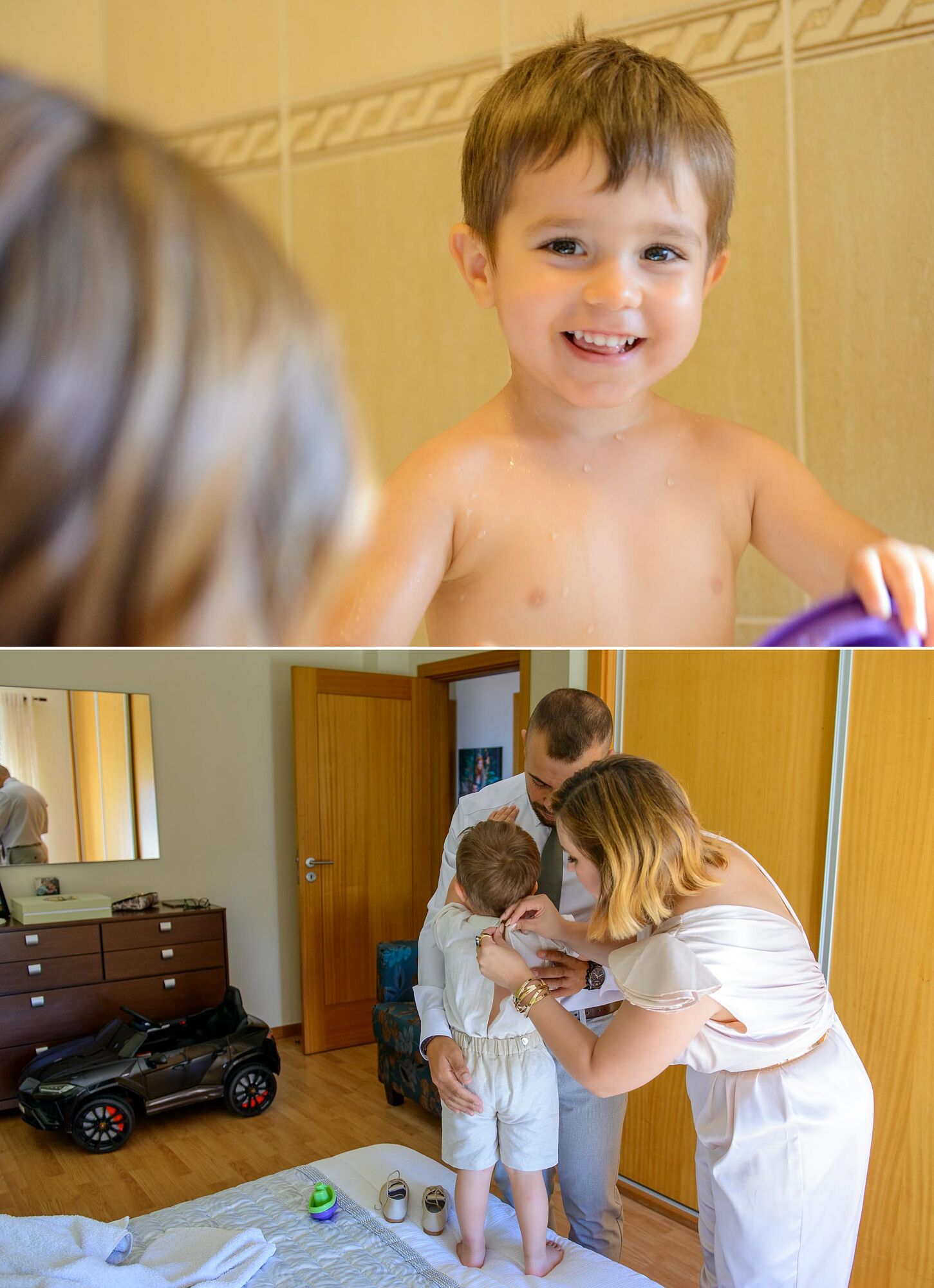 menino a preparar-se em casa no dia do batismo