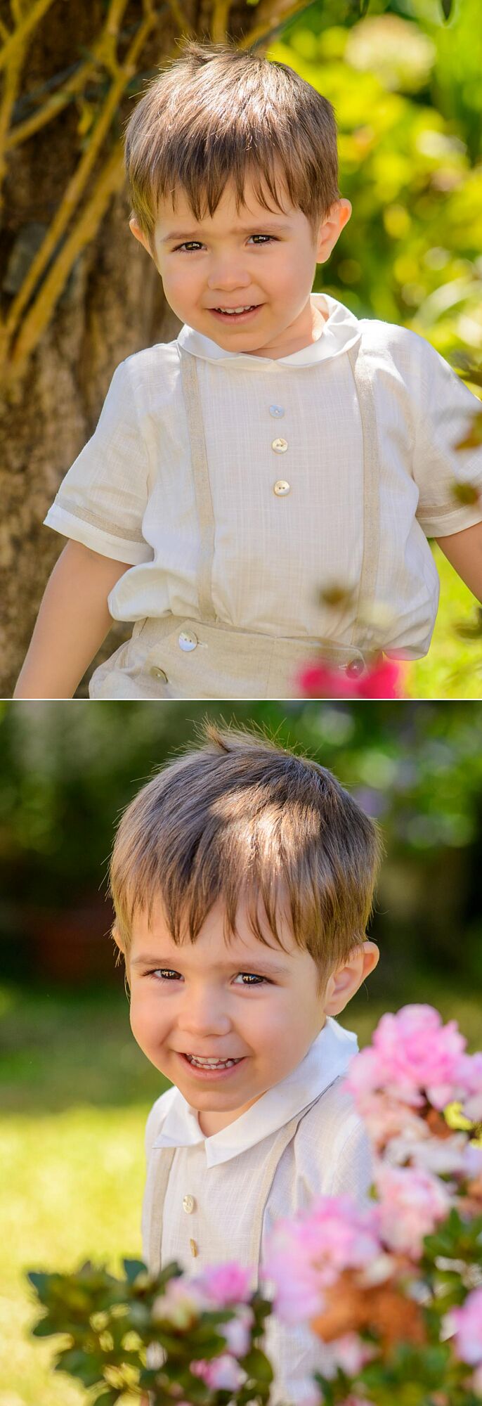 menino no dia do batismo a brincar no jardim