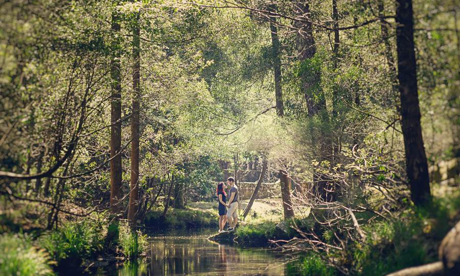 Casal de namorados a olharem-se de mãos dadas a beira de um lago