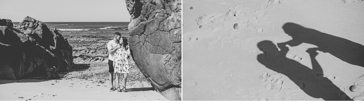 Montagem de 2 fotografias do casal onde numa amostra a sombra deles e noutra são eles abraçados