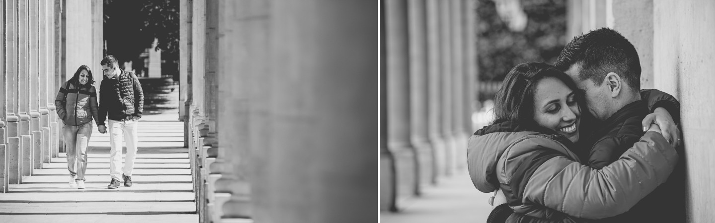 Montagem de 2 fotografias do casal a caminhar de mãos dadas e a abraçarem-se