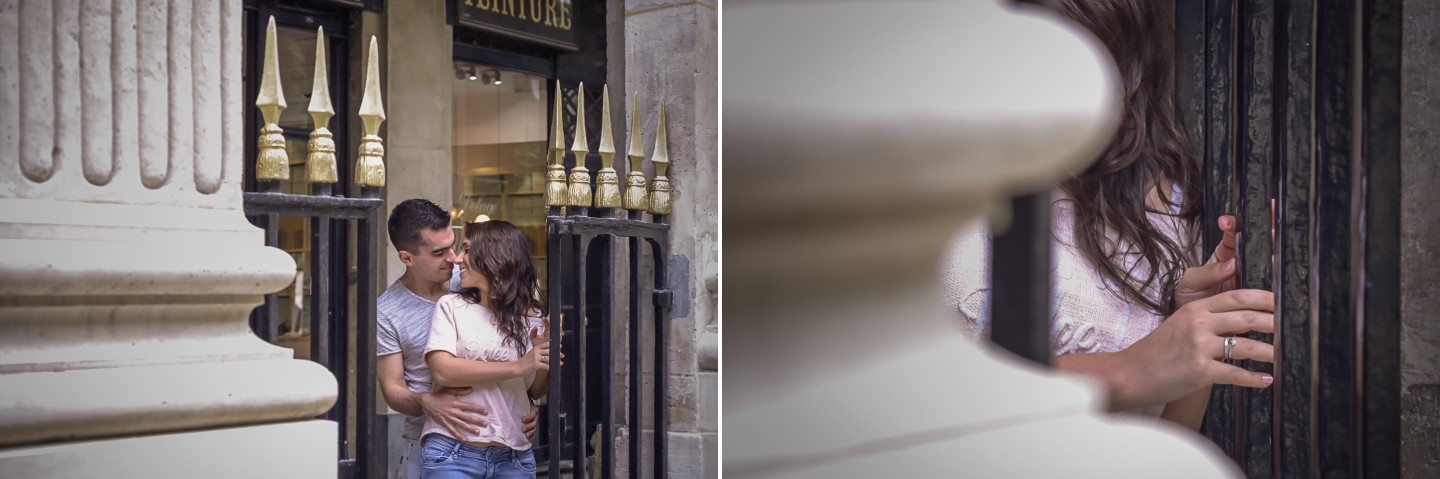 Montagem de 2 fotografias de um casal de namorados a abraçarem-se e do pormenor do anel