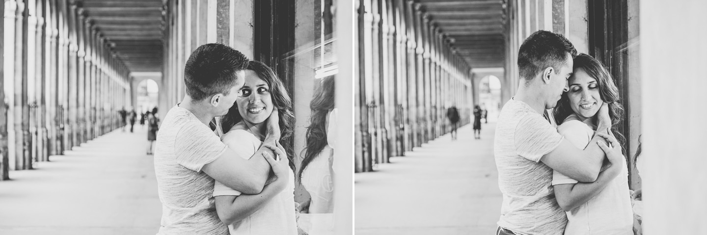 Montagem de 2 fotografias onde o homem está a abraçar a namorada por trás a olhar um para o outro e a sorrirem