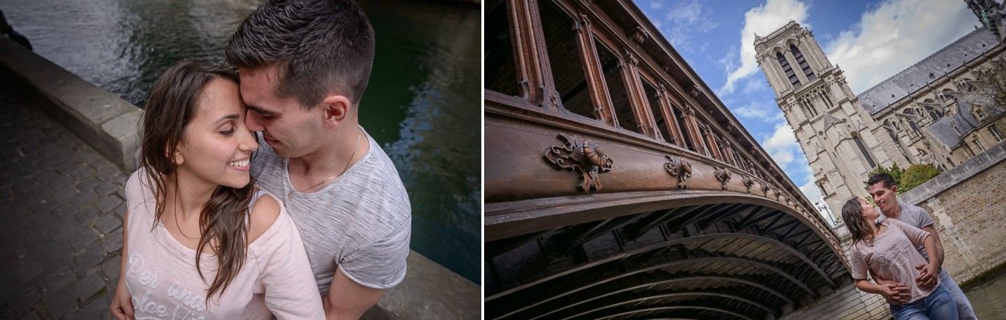 Montagem de 2 fotografias do casal de namorados a olharem-se apaixonadamente e a abraçarem-se por trás