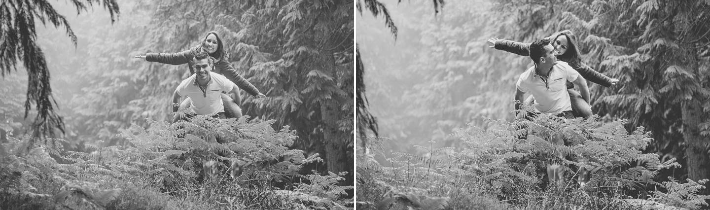 Montagem de 2 fotografias onde o homem leva as costas a namorada onde ela está de braços abertos