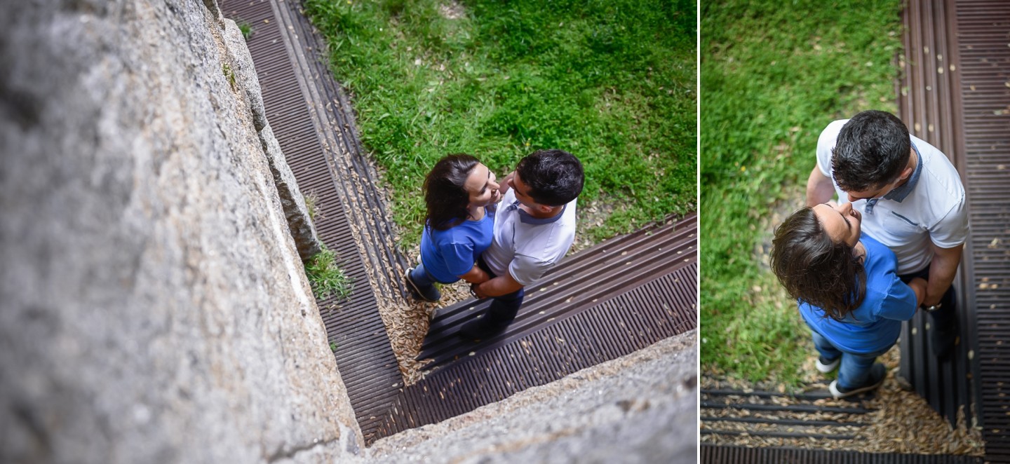Montagem de 2 fotografias do casal a darem as mãos e a olharem um para o outro apaixonadamente 