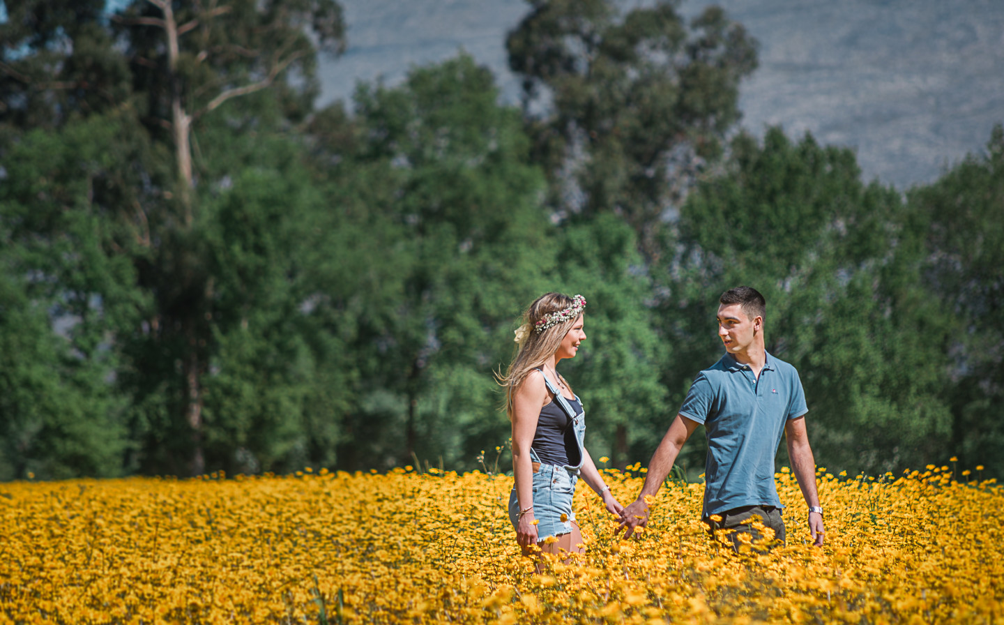 Filipa e Fábio de mãos dadas no meio das flores