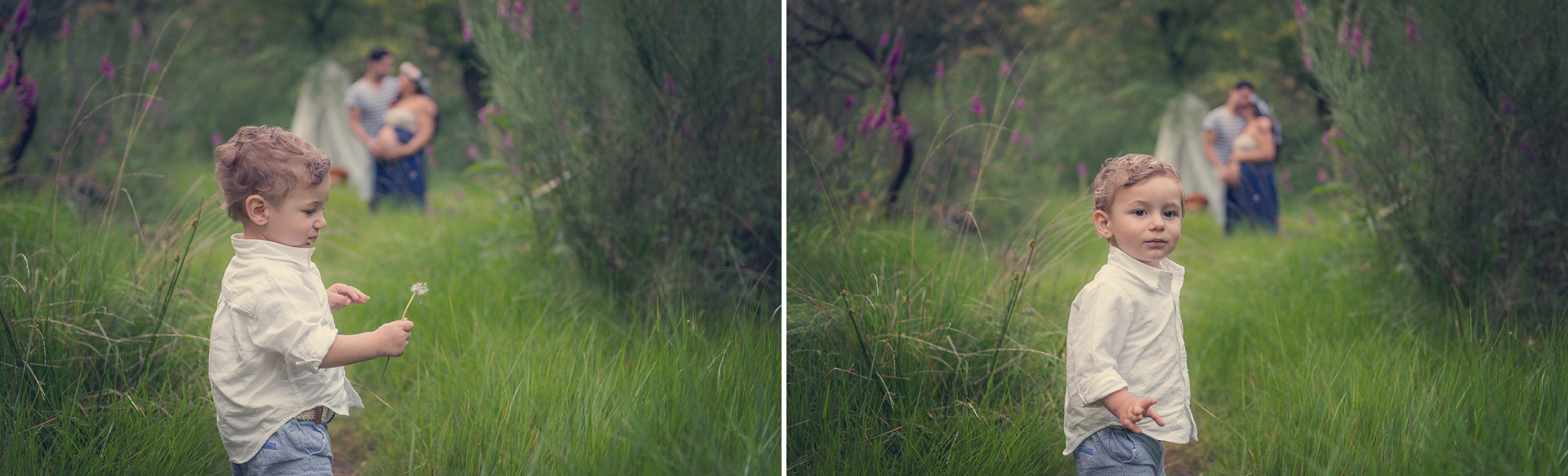 Montagem de 2 fotografias de criança no meio do bosque