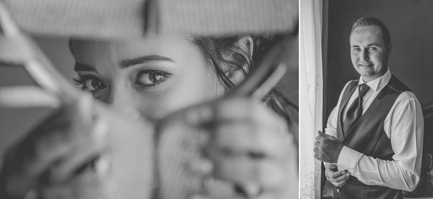 Montagem de 2 fotos :: Pormenor dos olhos da noiva, Noivo a ajeitar o fato