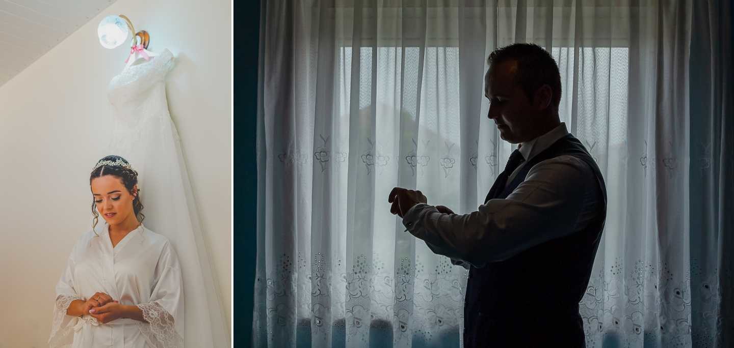 Montagem de 2 fotos :: Noiva de baixo da lâmpada, Noivo com o contraste da luz