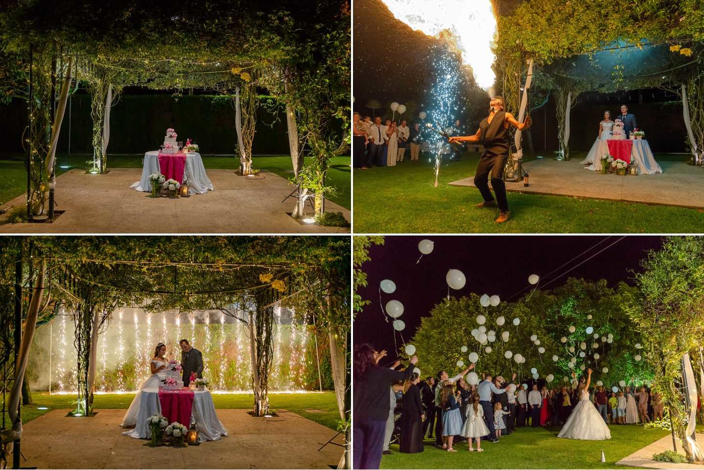 Montagem de 4 fotos :: Pormenor do bolo e a soltarem os balões