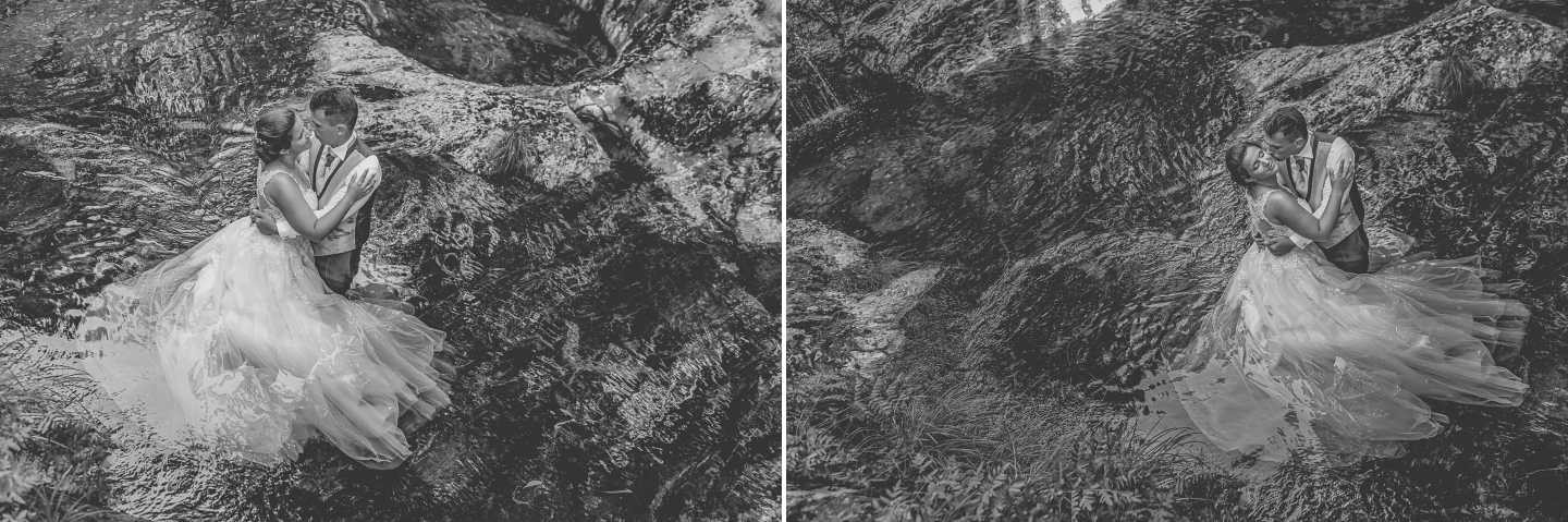 Montagem de 2 fotografias :: Noivos dentro de água a dar um abraço