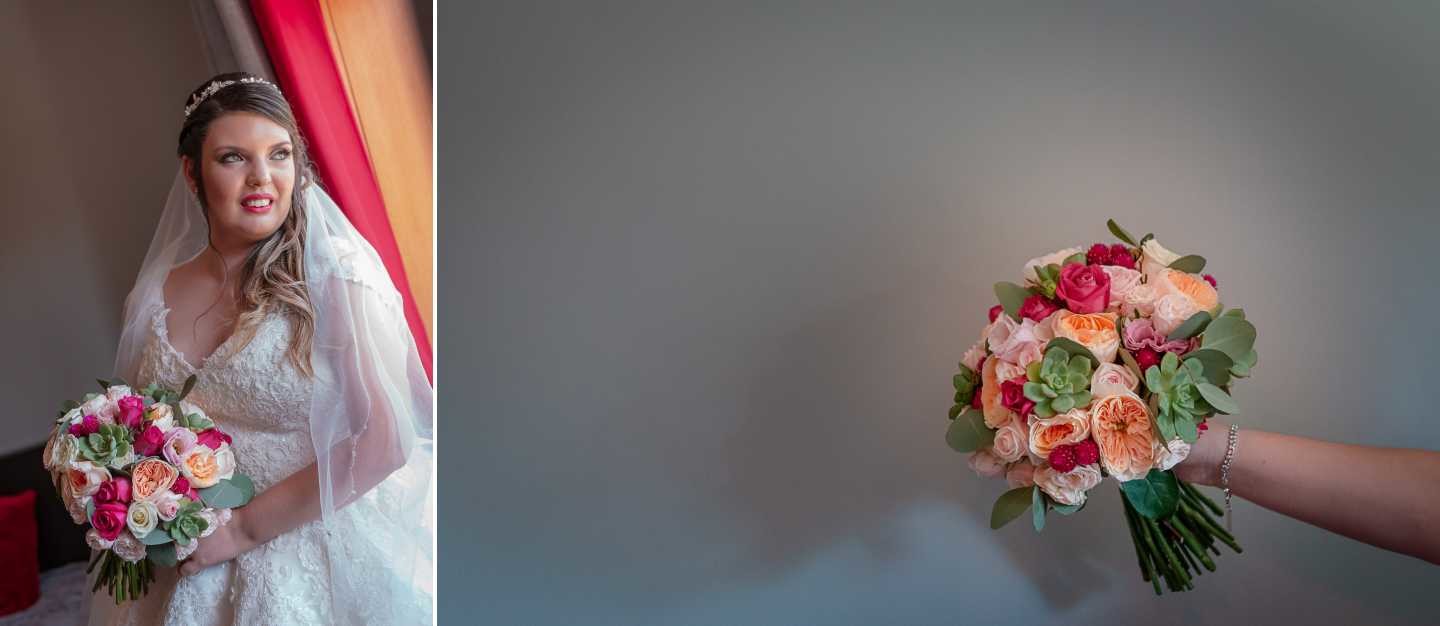 Montagem de 2 fotografias :: Noiva sentada a beira da janela, Pormenor do buque