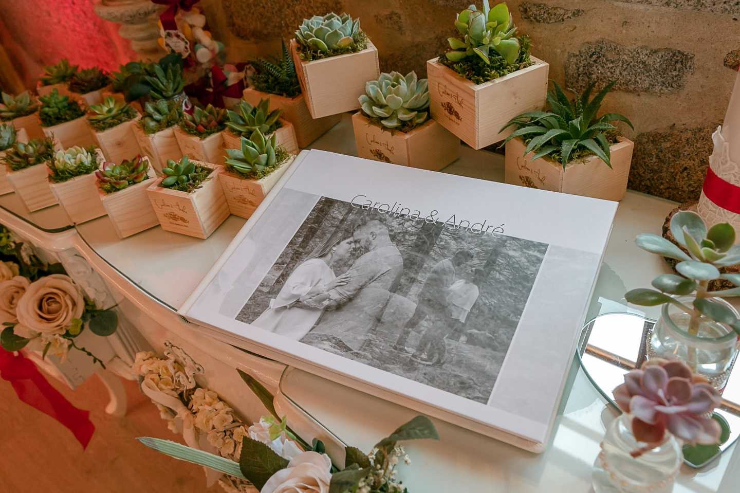 Álbum de solteiros dos noivos a voltas das plantas