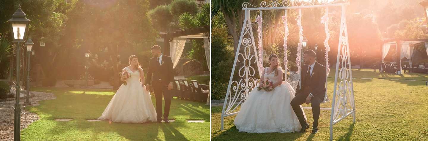 Montagem de 2 fotografias :: Noivos a caminhar pelo o jardim, Noivos no baloiço