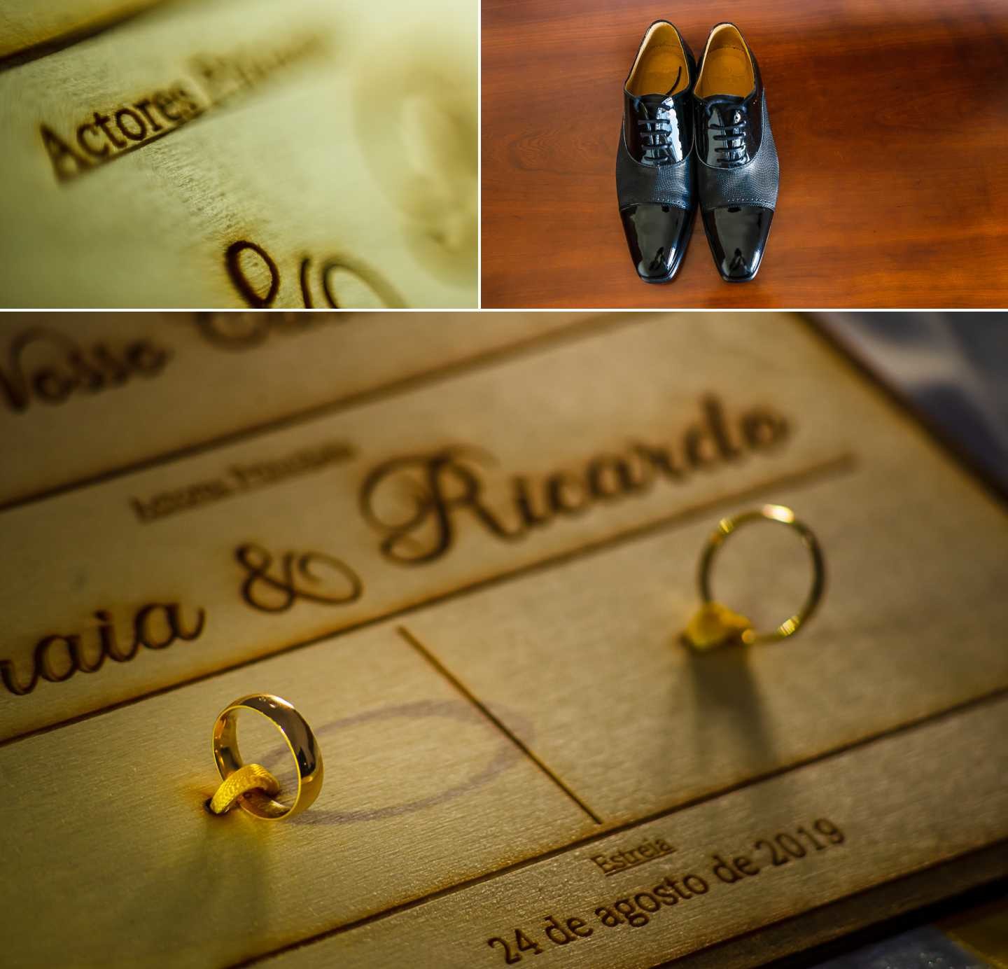 Montagem de 3 fotografias :: Sapatos do Noivo, Anéis de Casamento