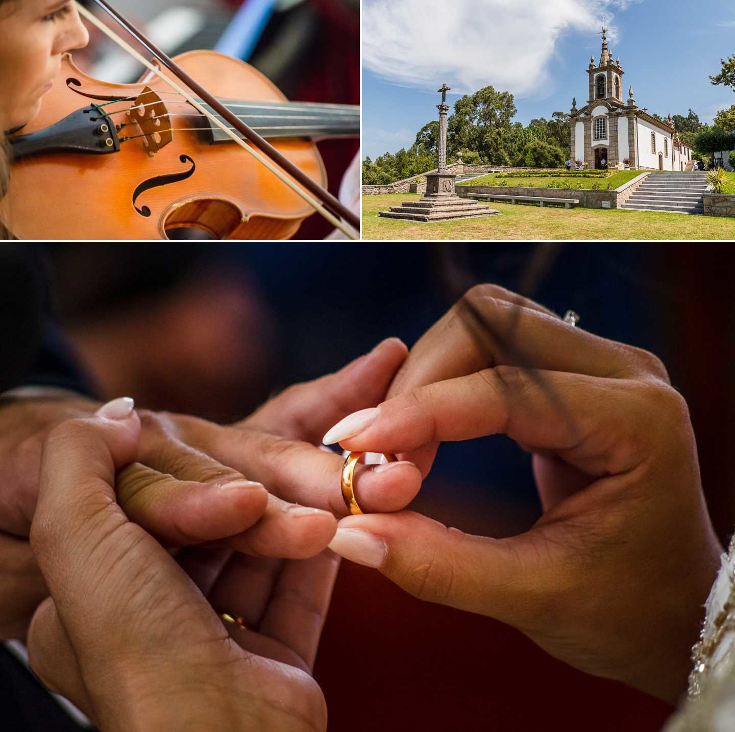 Montagem de 3 fotografias :: Violinista, Igreja, Noiva a colocar o anel no dedo do noivo