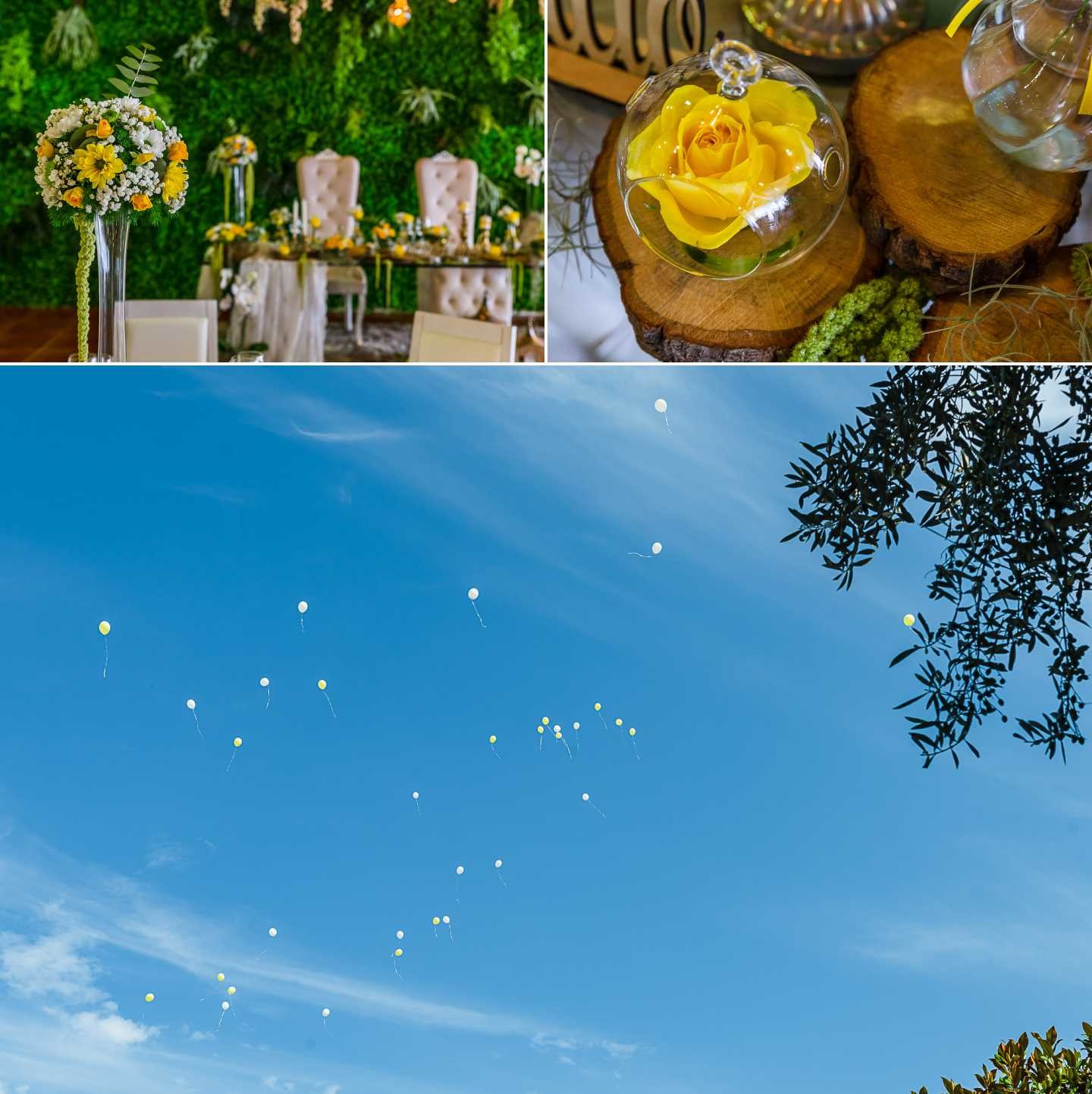 Montagem de 3 fotografias :: Mesa dos Noivos, Pormenor da flor, Soltou-se os balões