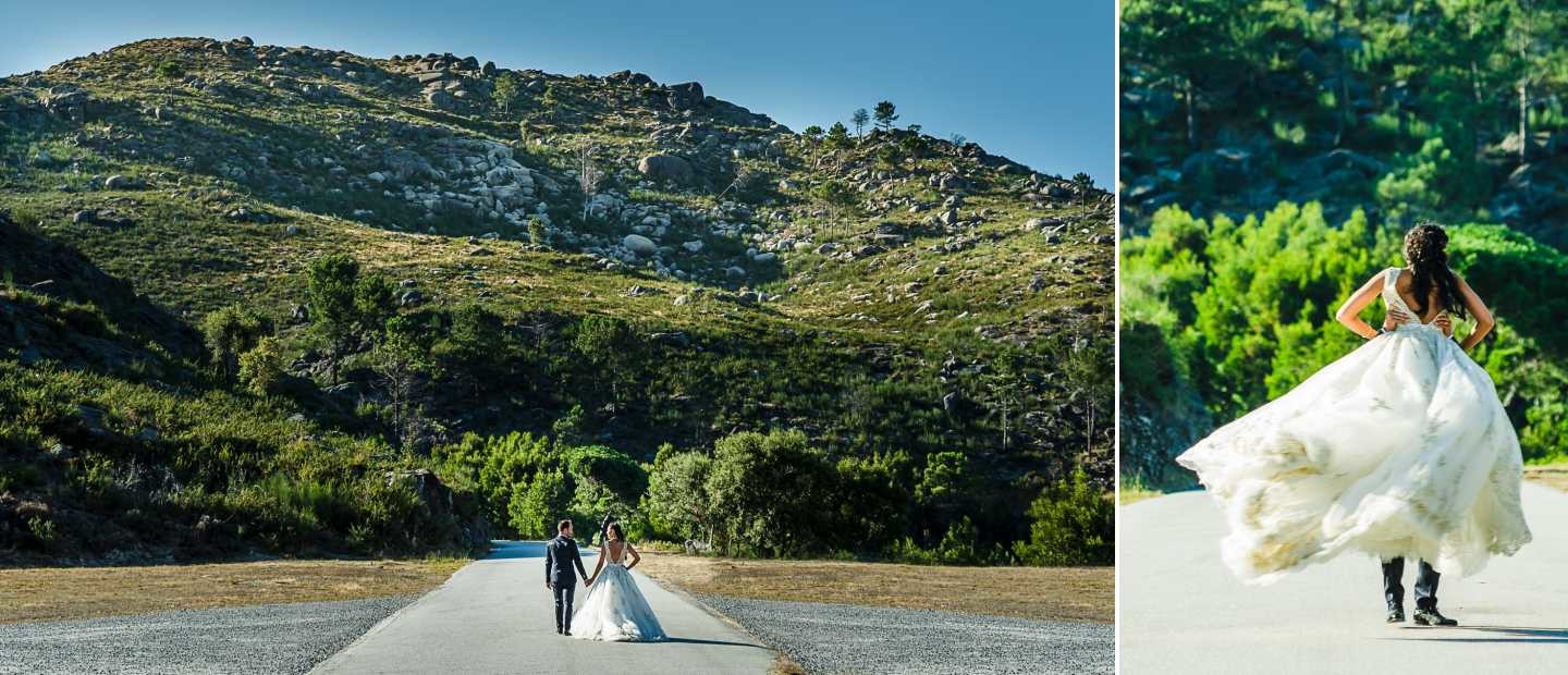 Montagem de 2 fotografias :: Noivos a caminharem de mãos dadas. Noiva a segurar no vestido enquanto corre