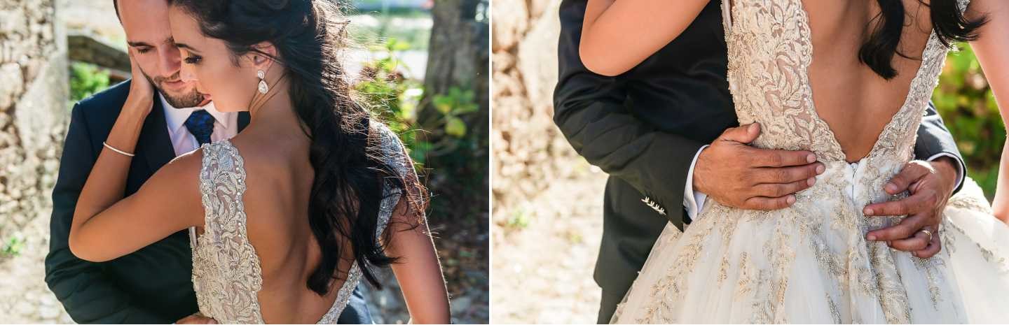 Montagem de 2 fotografias: Pormenores dos noivos