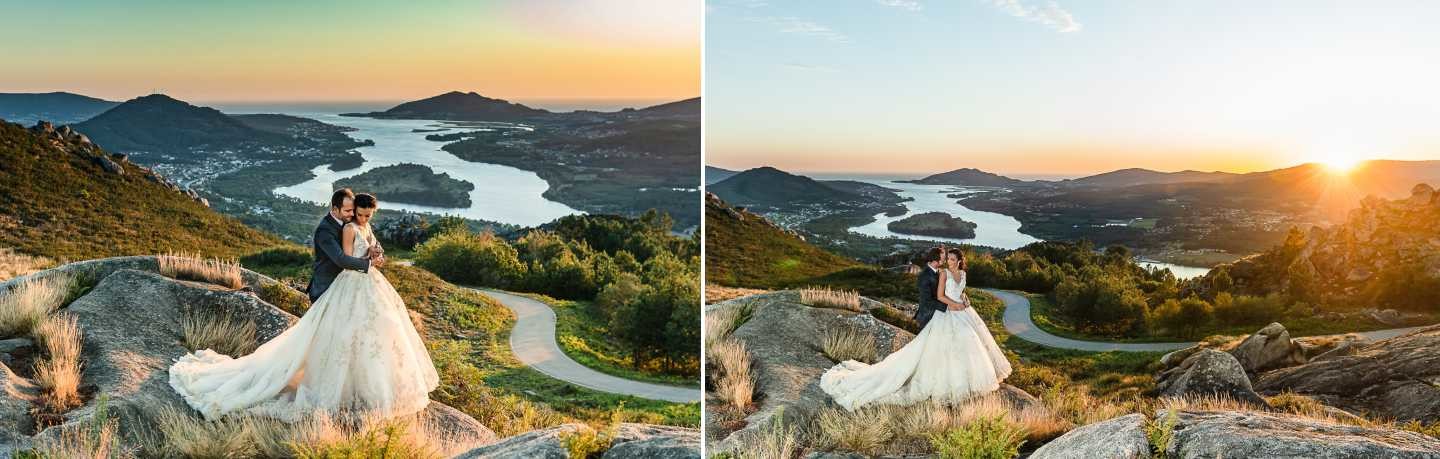 Montagem de 2 fotografias :: Noivo a abraçar a Noiva por trás nas rochas