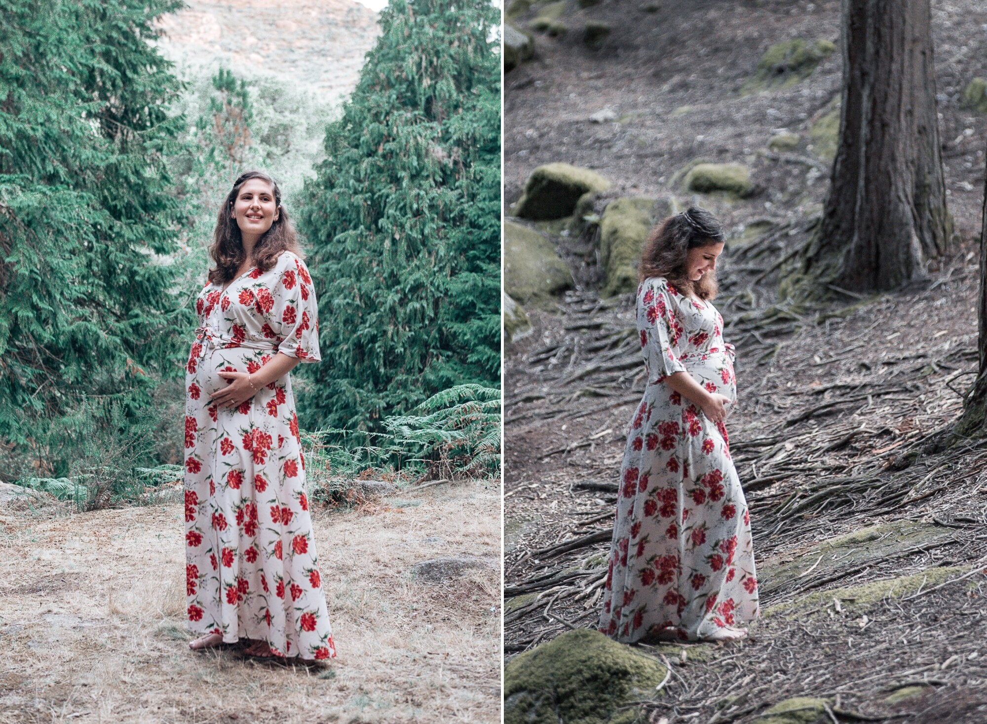 Montagem de 2 fotografias :: no meio da montanha com as mãos na barriga