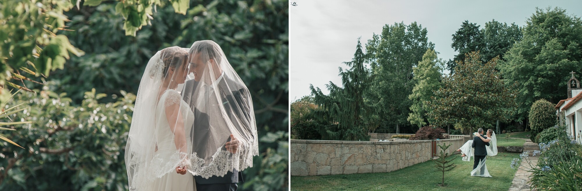 Montagem 2 fotografias :: Noivos com o véu por cima deles, Noivo a pegar no colo a noiva