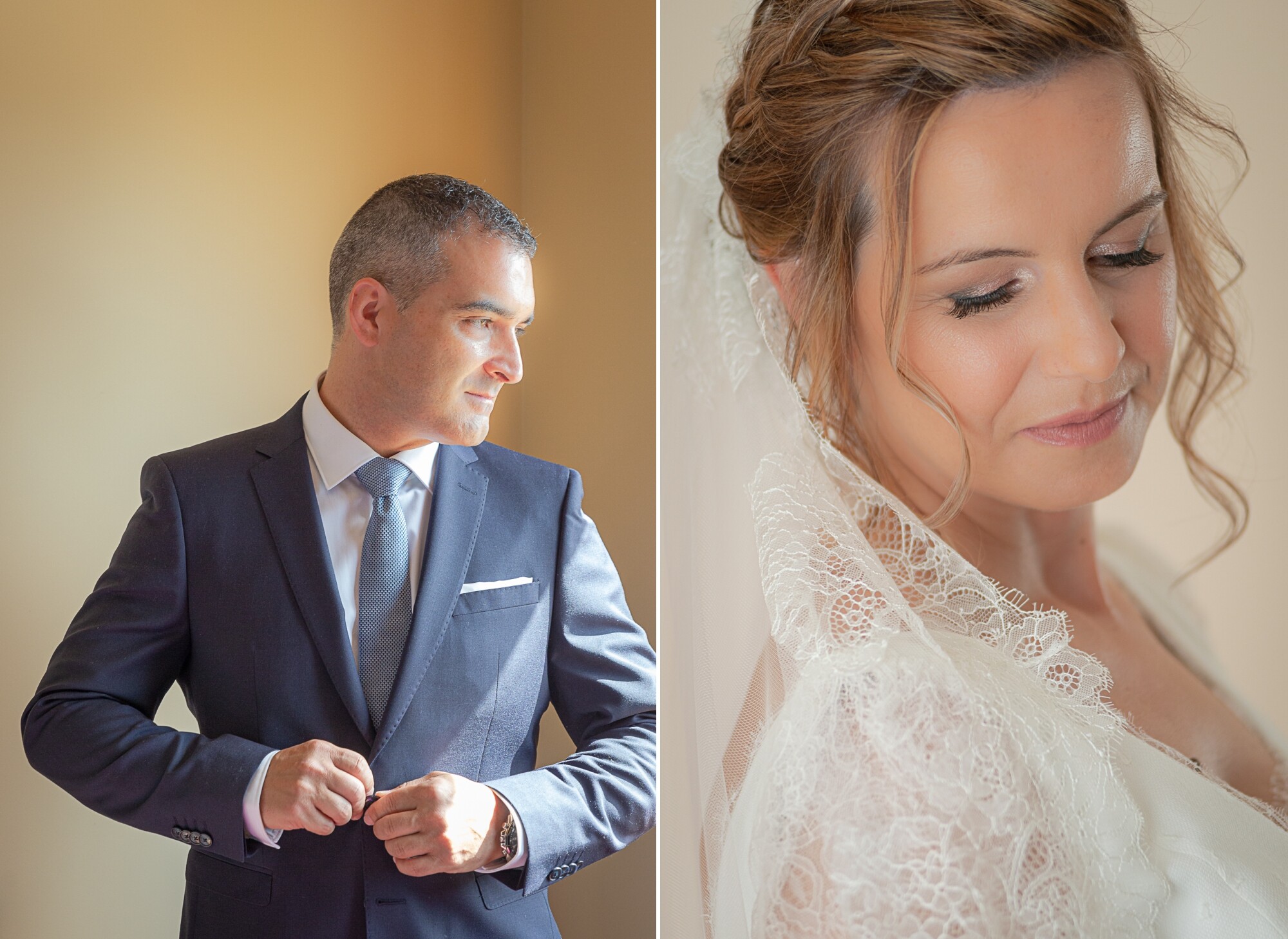 Montagem 2 fotografias :: Noivo a ajustar o fato, Close Up da Noiva