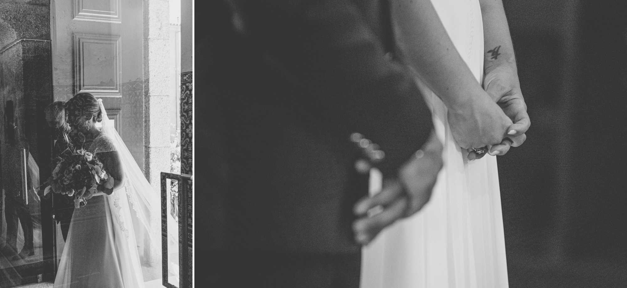 Montagem de 2 fotografias :: Noiva a entrar na igreja. Close Up das mãos