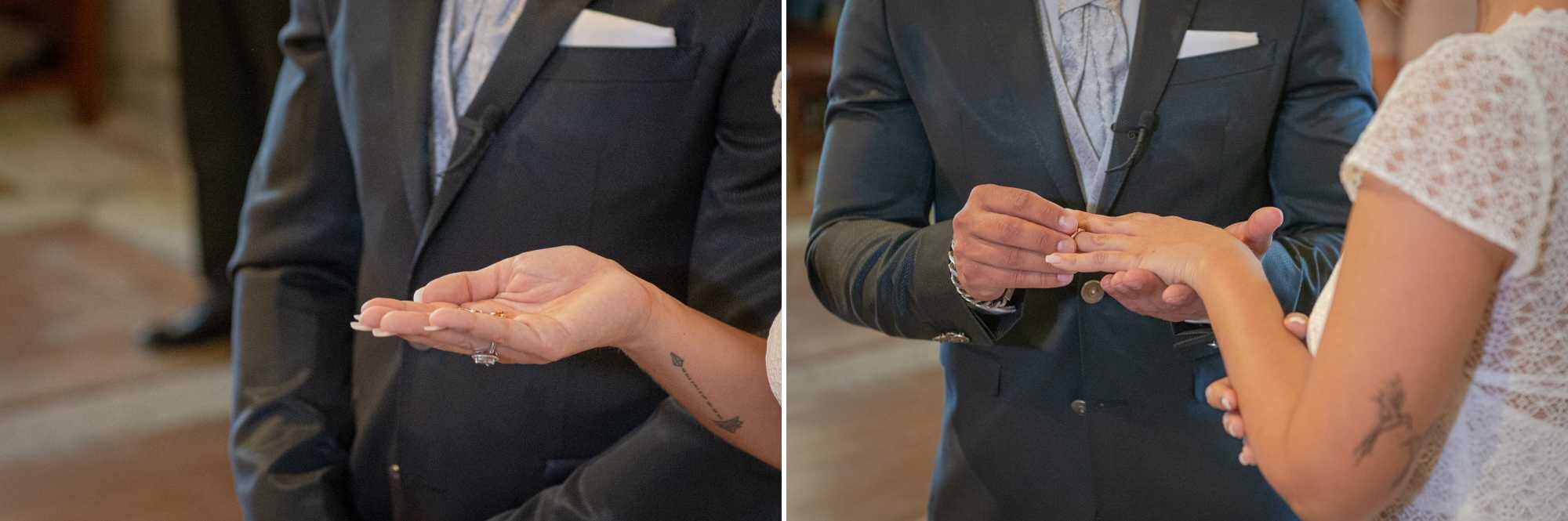 Montagem de 2 fotografias :: Noiva com as alianças nas mãos, Noivo a colocar a aliança no dedo da Noiva