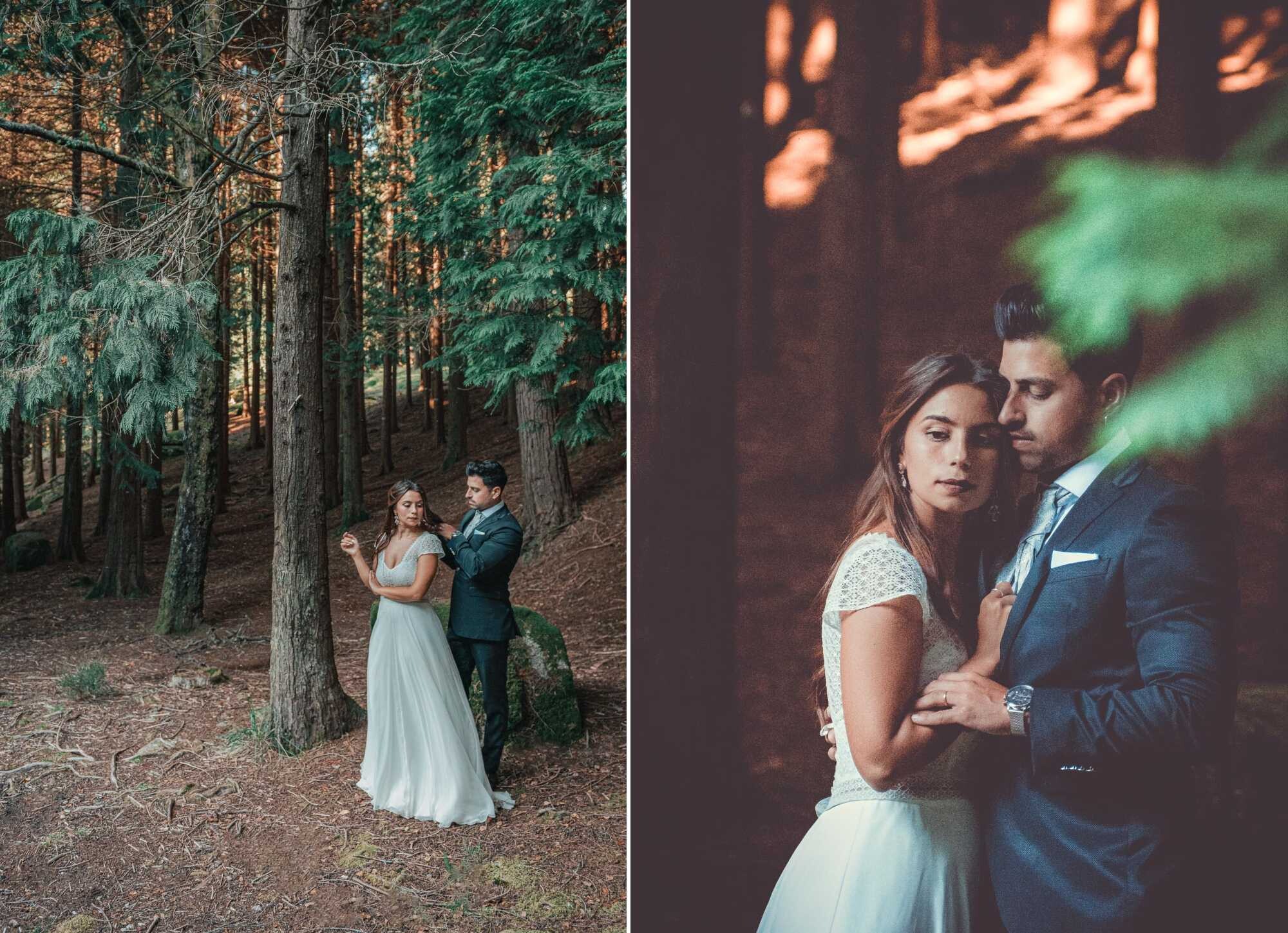 Montagem de 2 fotografias :: Homem a mexer no cabelo da Esposa, Casal a darem um abraço