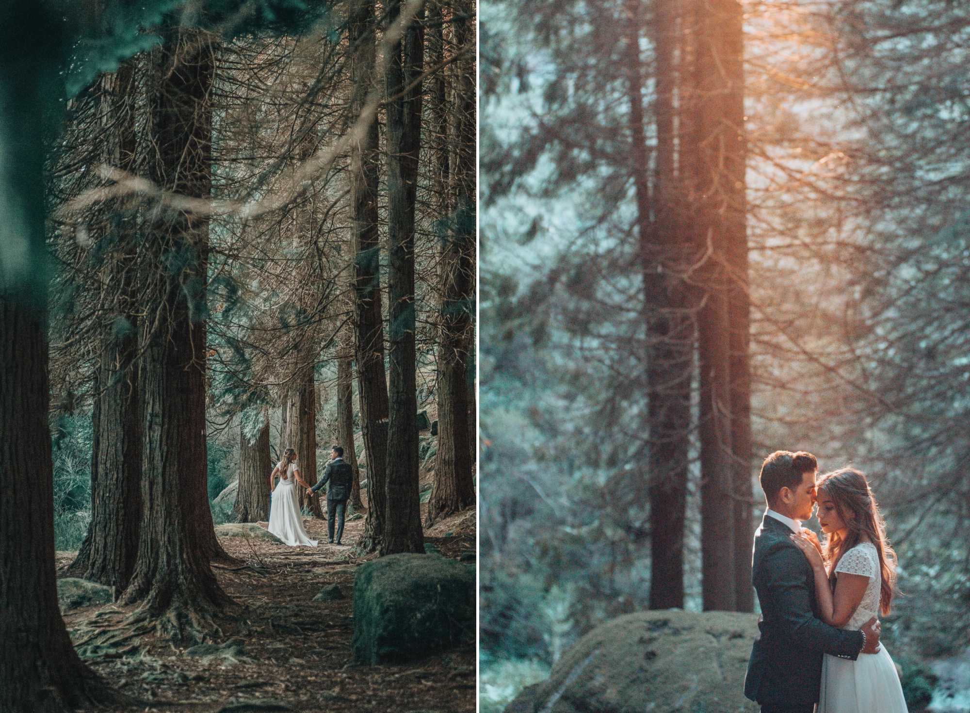 Montagem de 2 fotografias :: Noivos a correrem entre as árvores, Noivos o abraço