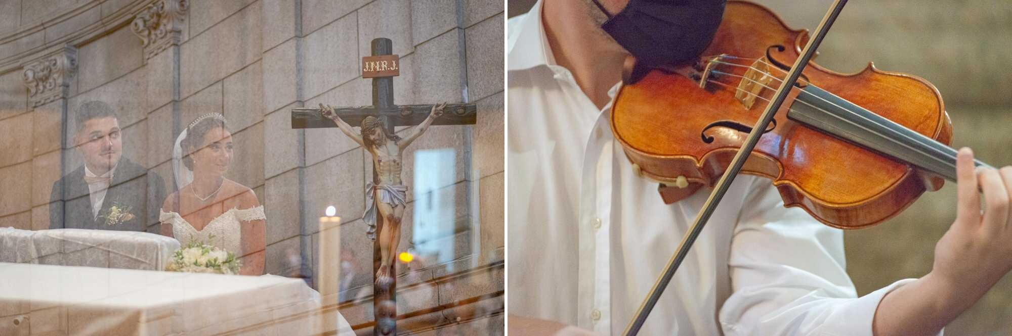 Montagem de 2 fotografias :: Noivos dentro da igreja, Close Up do Violiono