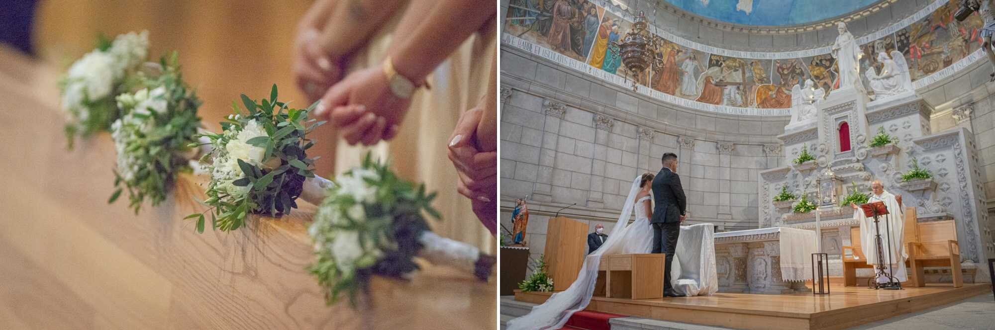 Montagem de 2 fotografias :: Pormenores dos bancos, Noivos no Altar
