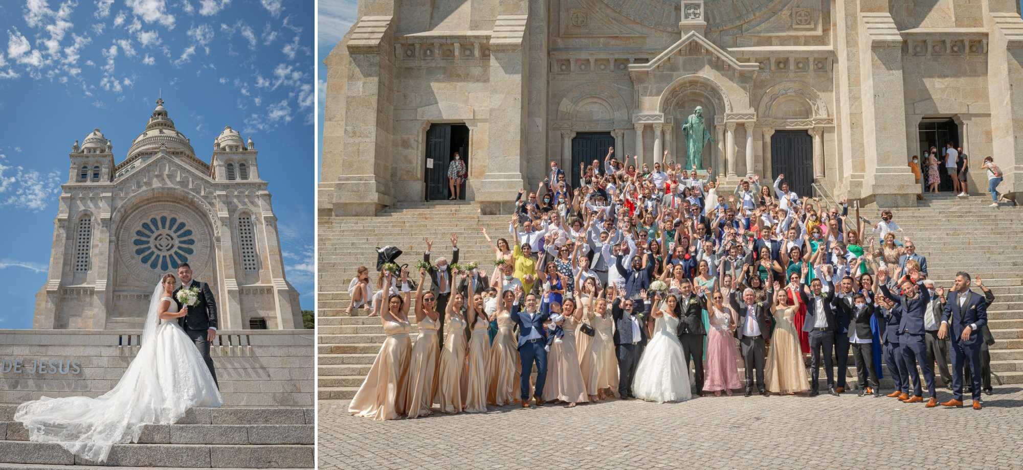 Montagem de 2 fotografias :: Noivos nas escadas, Fotografia com os convidados