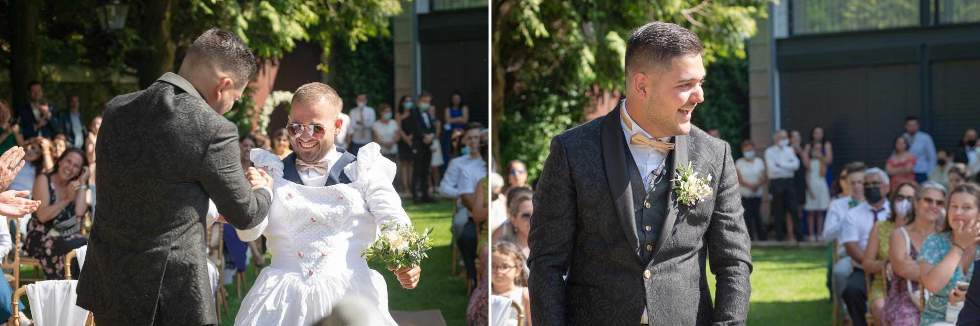 Montagem de 2 fotografias :: Noivo a brincar com o padrinho, Noivo a sorrir enquanto olha para o lado