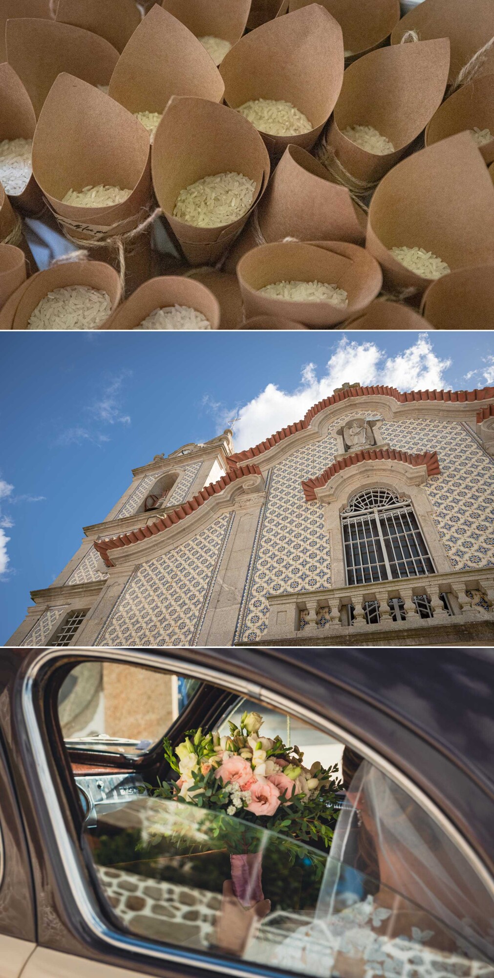 Lembrancinhas, Igreja e Carro dos Noivos com o buque lá dentro