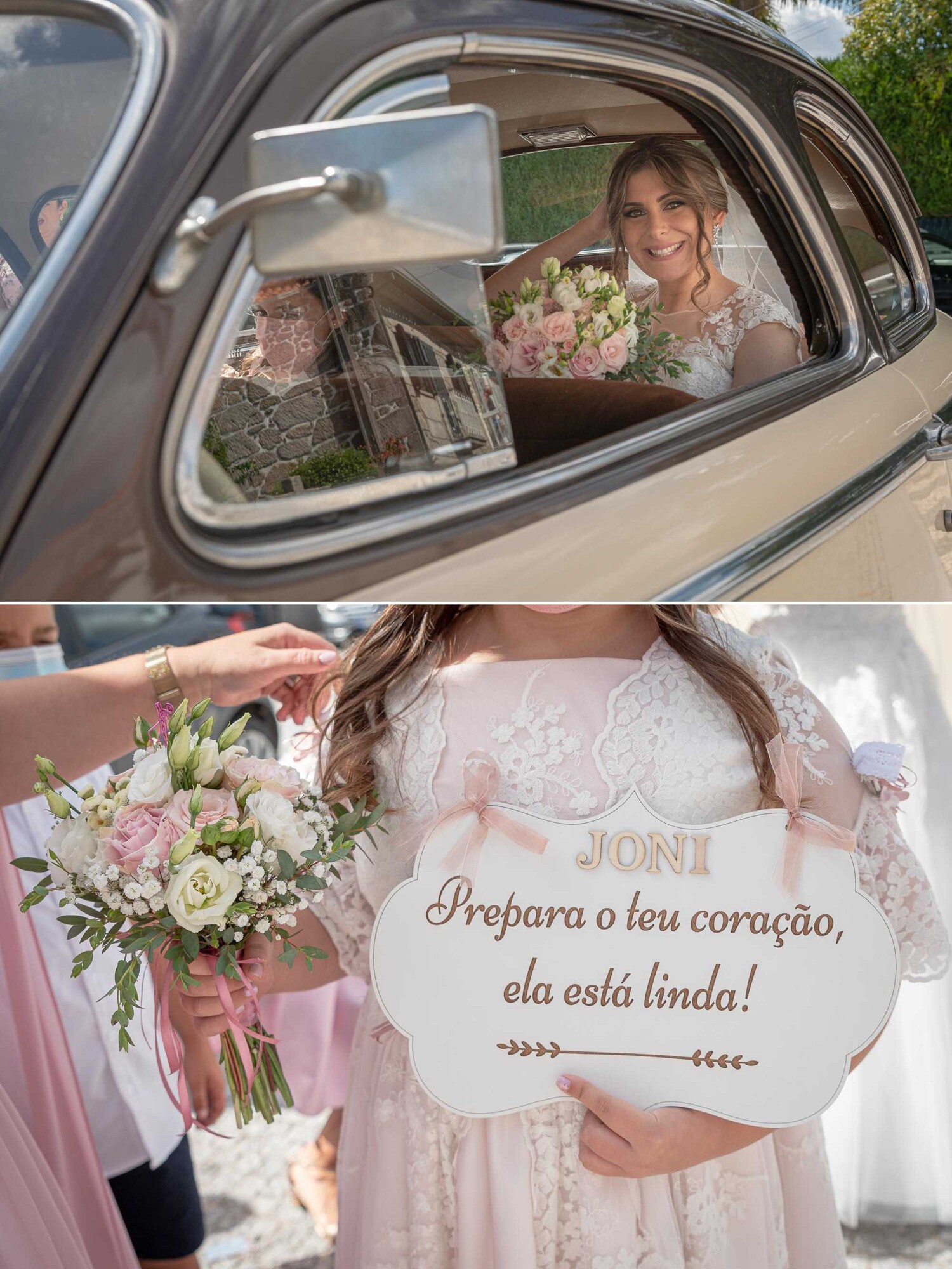 Noiva dentro do Carro, Close Up da madrinha a segurar um buque e uma plaquinha