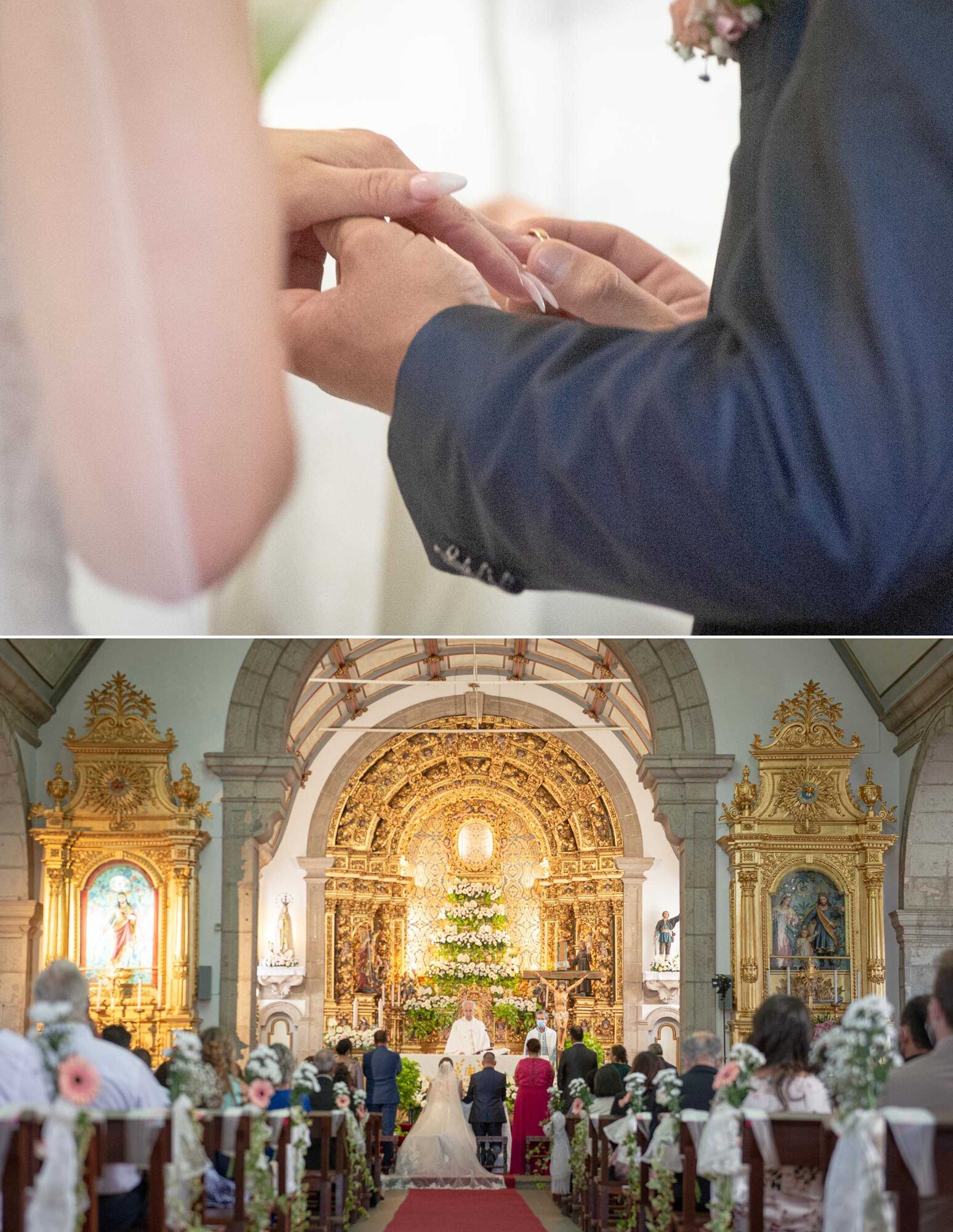 Close up do noivo a colocar a aliança no dedo da noiva, Fotografia dos convidados e dos noivos no altar