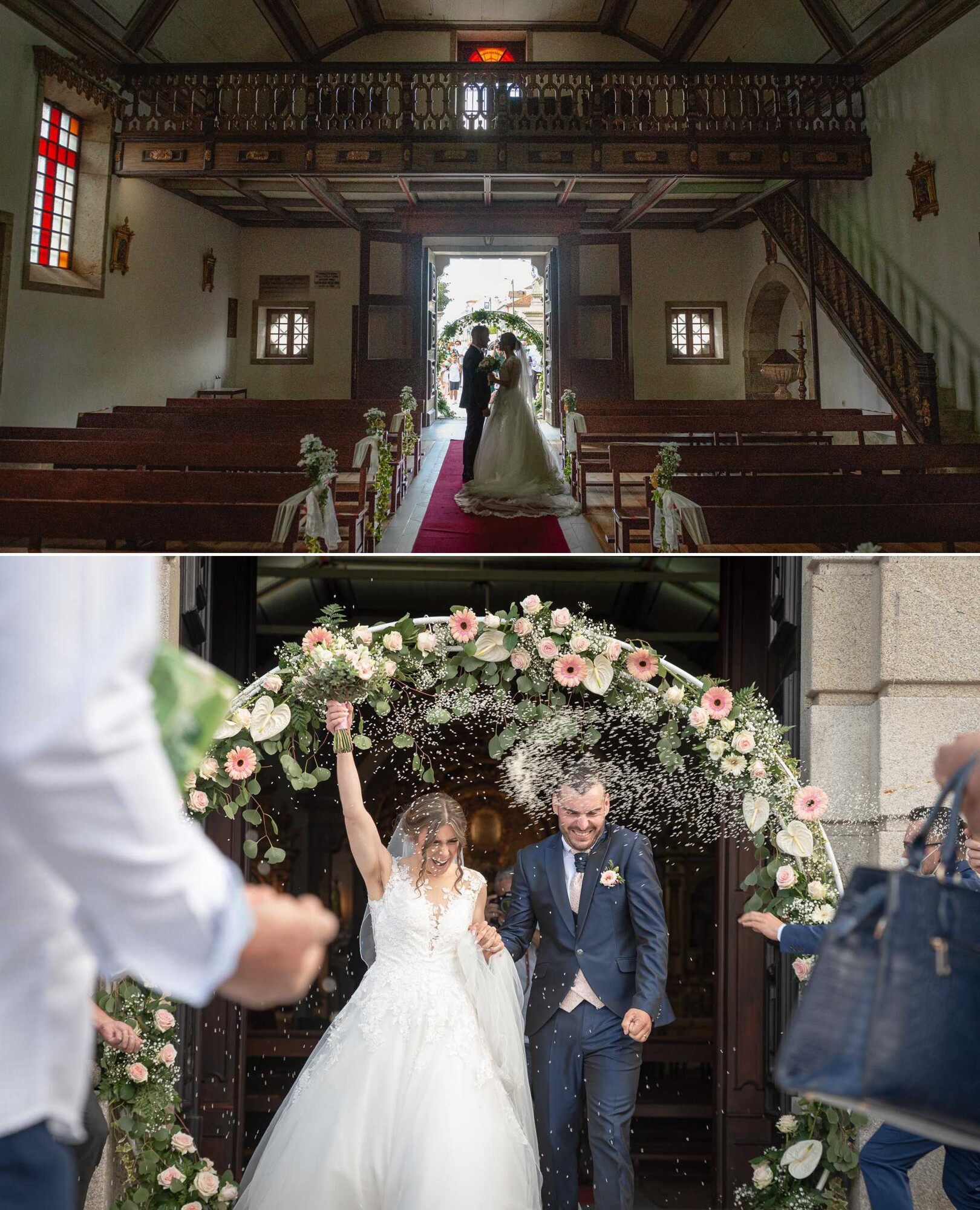 Casal dentro da igreja a olharem um para o outro, Casal a sair da igreja