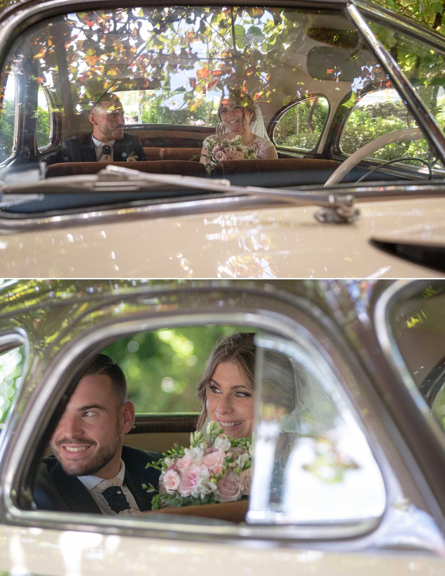 Noivos a olharem para o exterior do restaurante