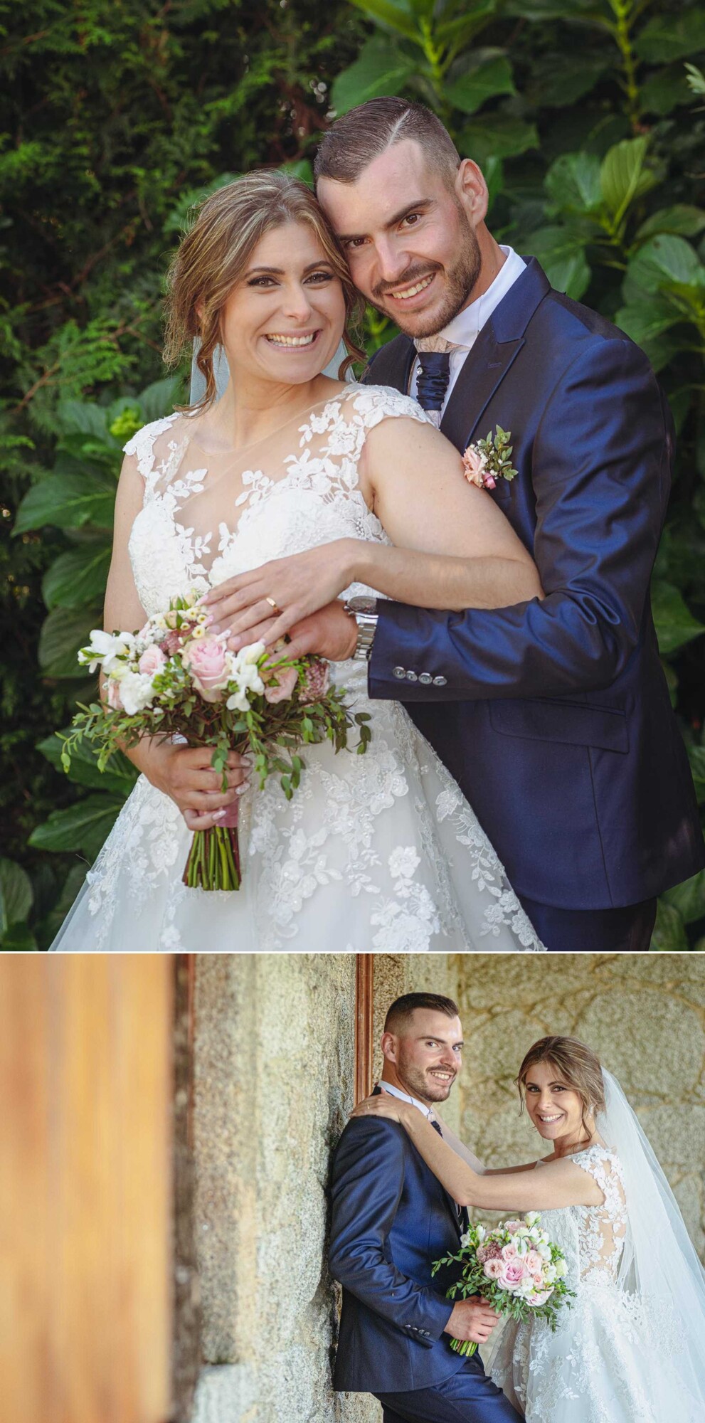 Homem a abraçar a Mulher por trás, Mulher apoiada com as mãos no ombro do Homem enquanto ele está encostado na parede