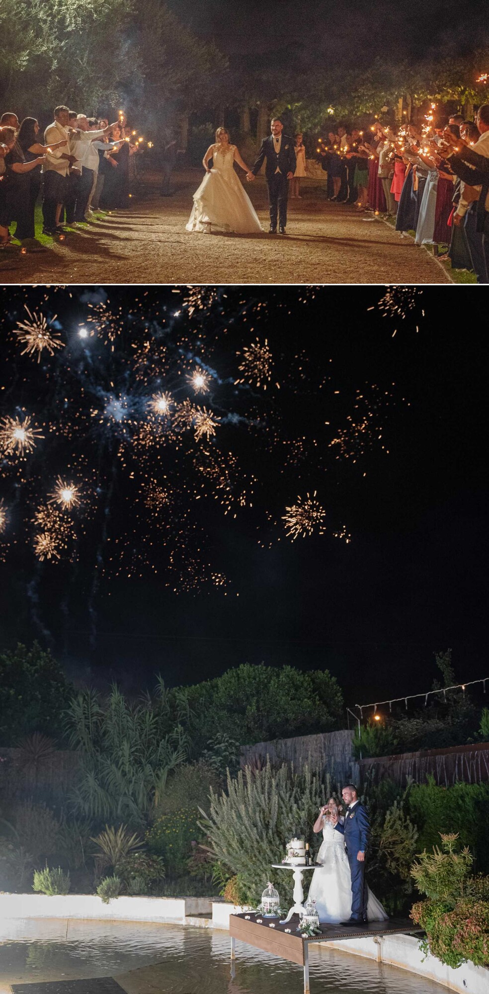 Entrada do casal para cortar o bolo, Fogos do artifício durante a cortagem do bolo 