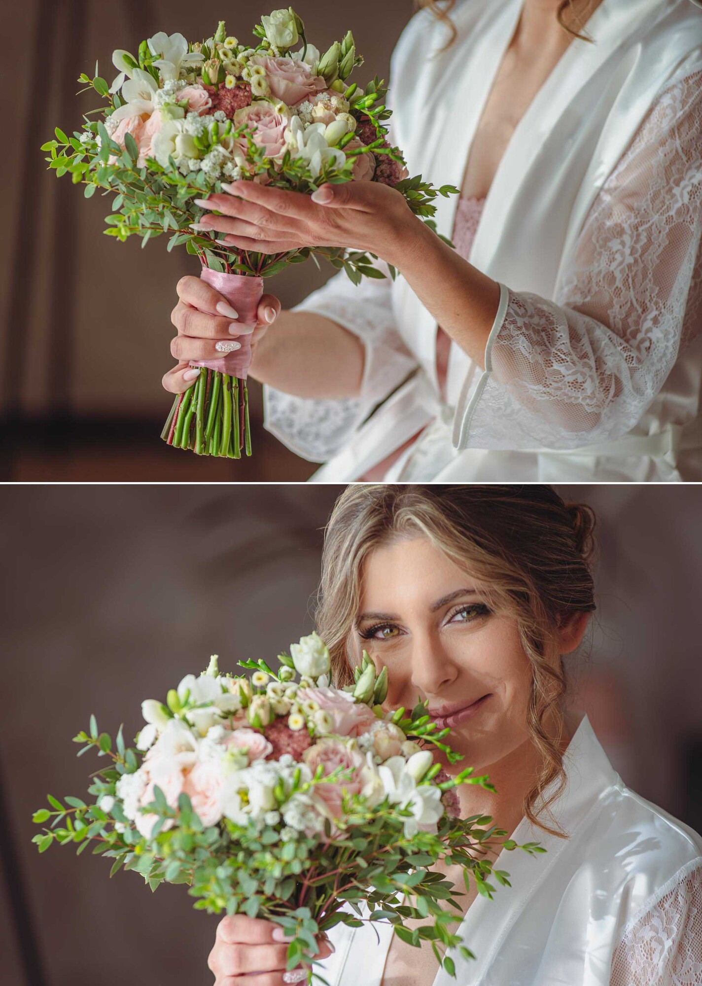 Montagem de 2 fotografias :: Pormenor do buque de flores, Noiva com o buque encostado a cara