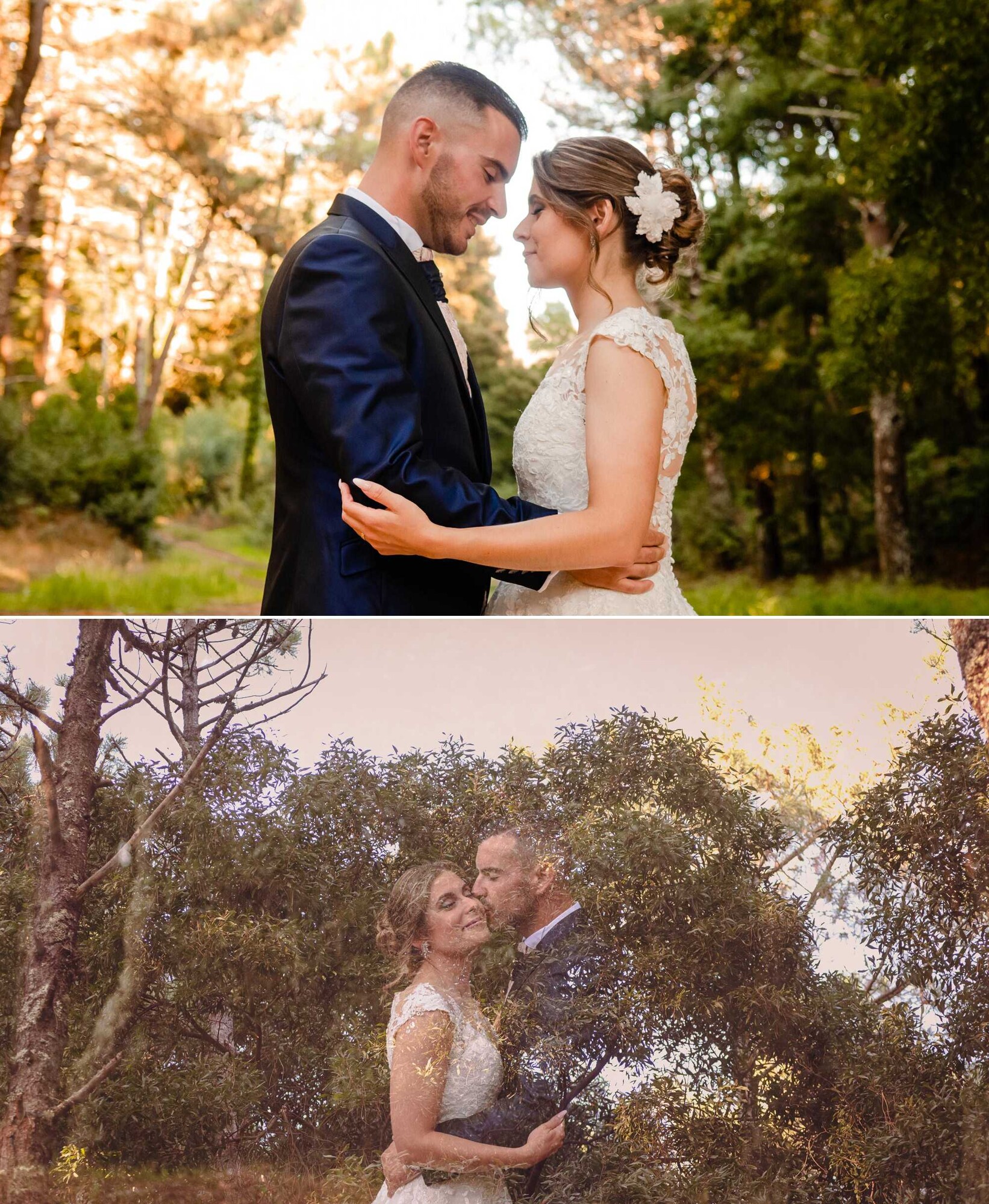 Casal no meio do bosque encostando a cabeça uma na outra