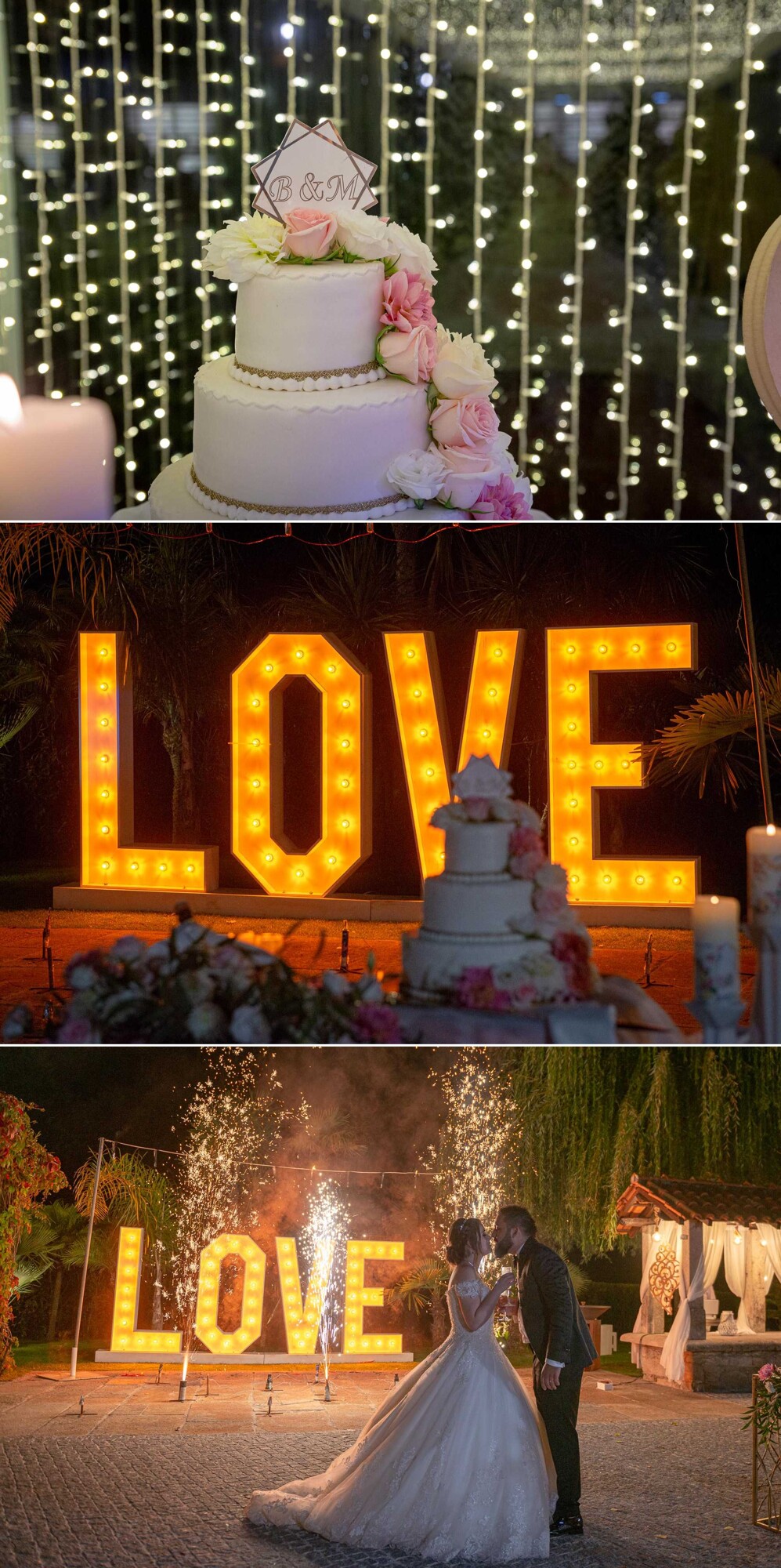 Bolo de Casamento, Placa a dizer "LOVE", Casal a dar um beijo enquanto tem os fogos de artifício por trás