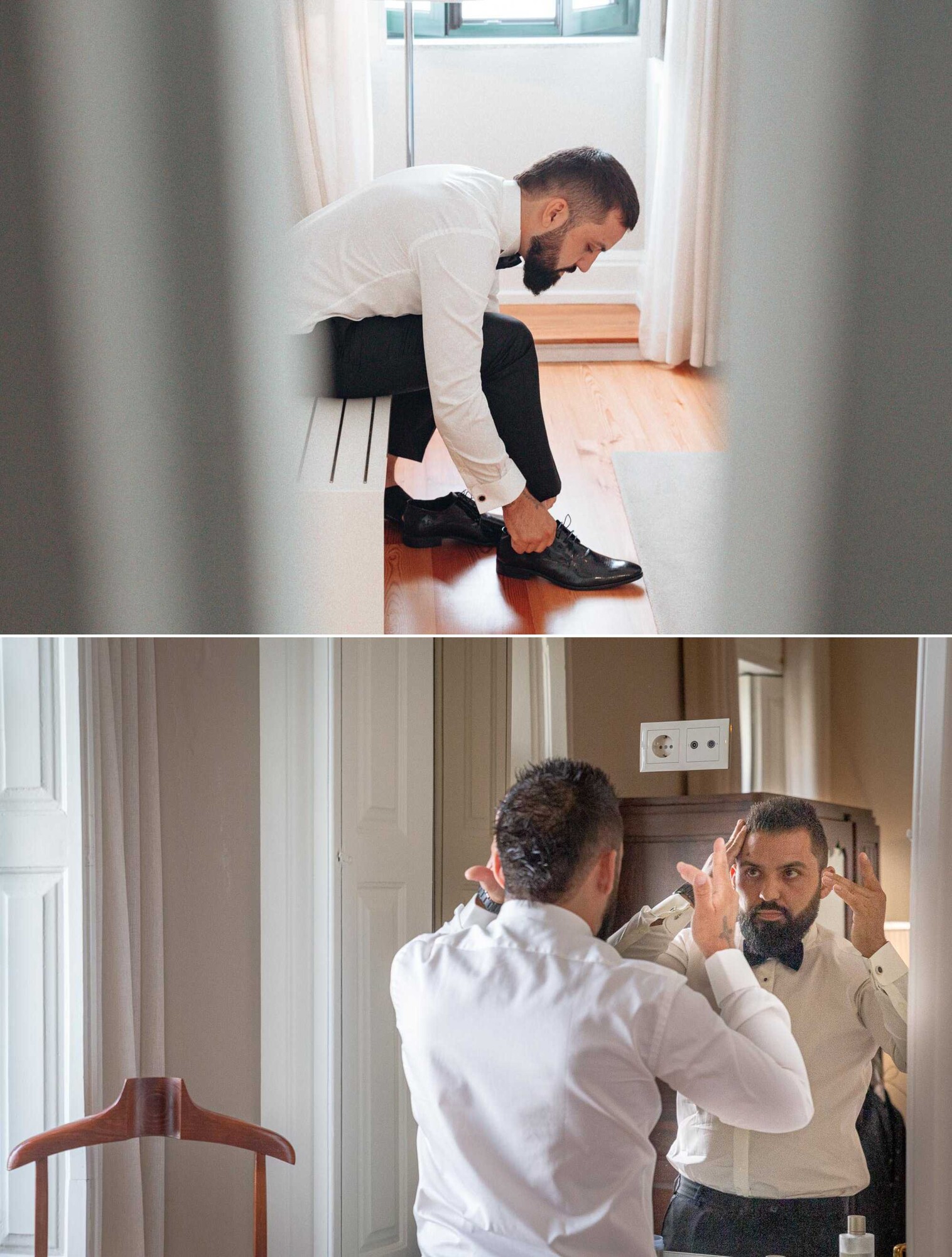 Noivo a calçar os sapatos, Noivo a ajeitar o cabelo