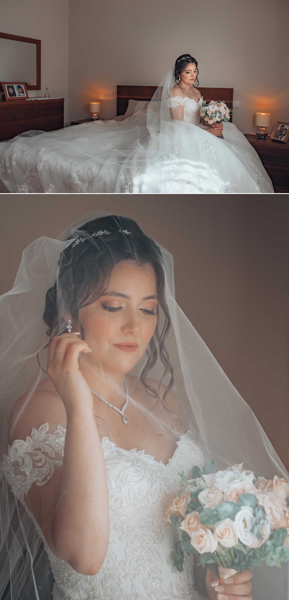 Noiva sentada na cama a segurar o buque, Close Up da Noiva com véu no rosto e segurando o buque