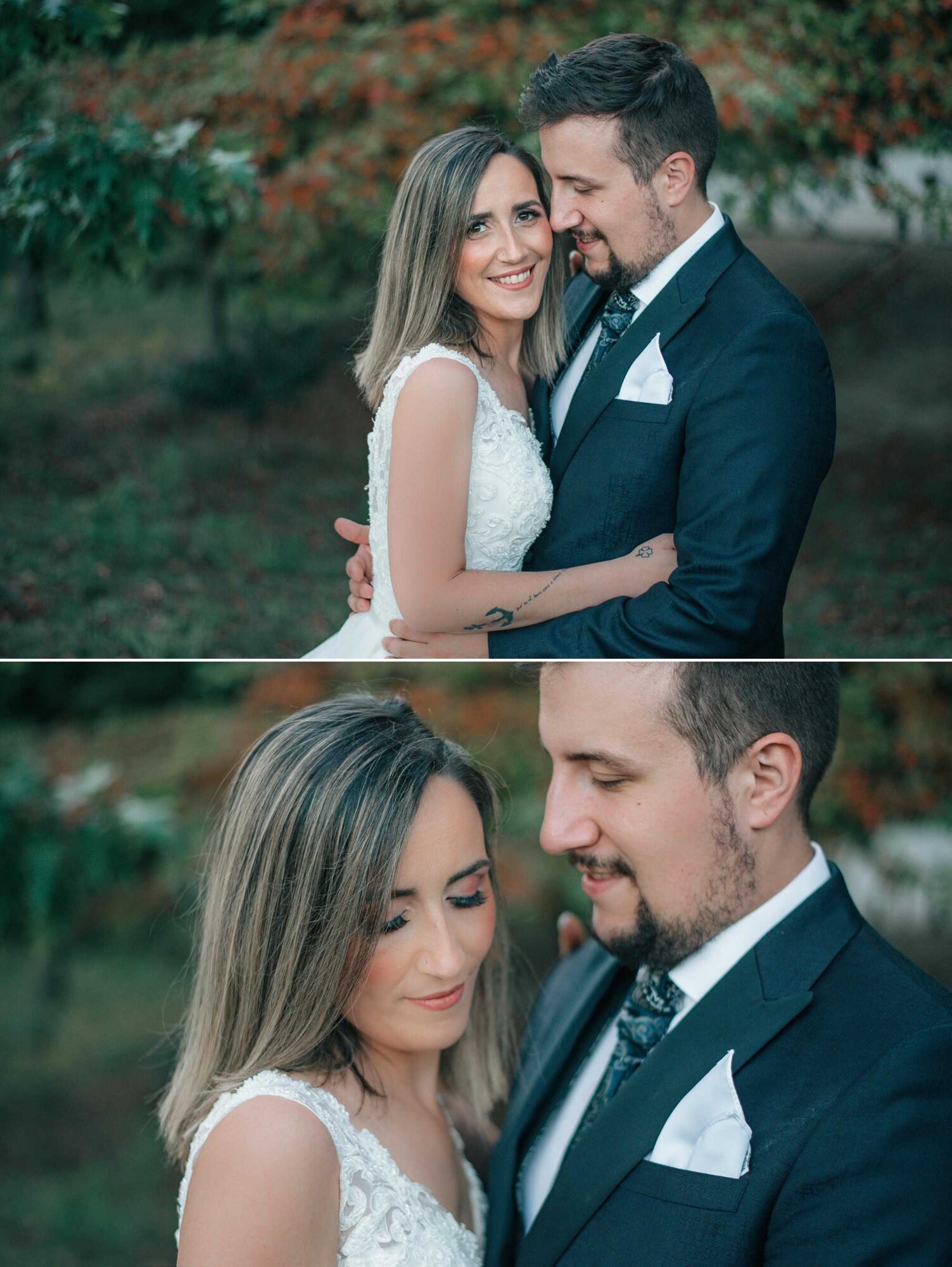 Homem a olhar para a Esposa enquanto ela o abraça, Close Up da Fotografia
