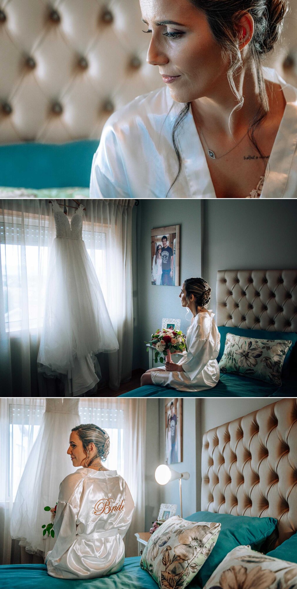 Close Up Noiva, Noiva sentada na cama a segurar o buque, Noiva de costas e sentada na cama